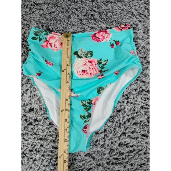 CUPSHE Floral High Rise Swim Bottoms Womens SZ M Roses Light‎ Blue Beach NEW - Picture 6 of 11